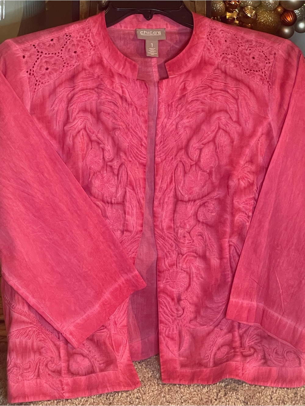 Chico's Bright Pink Embroidered Open-Front Jacket Size 1